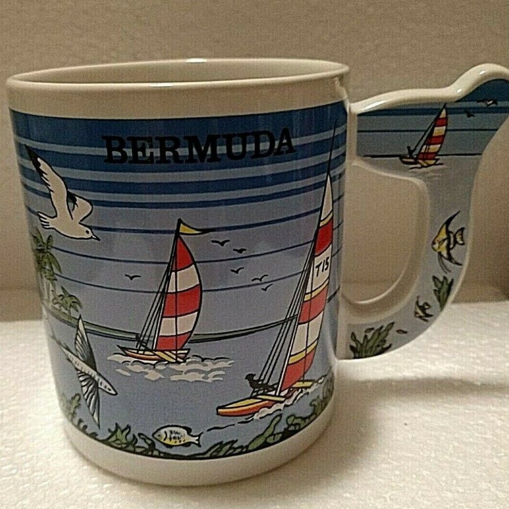 Vintage Bermuda Coffee Mug/Cup Sailboats/Fish/Ocean/Fish Tail Handle Made Japan